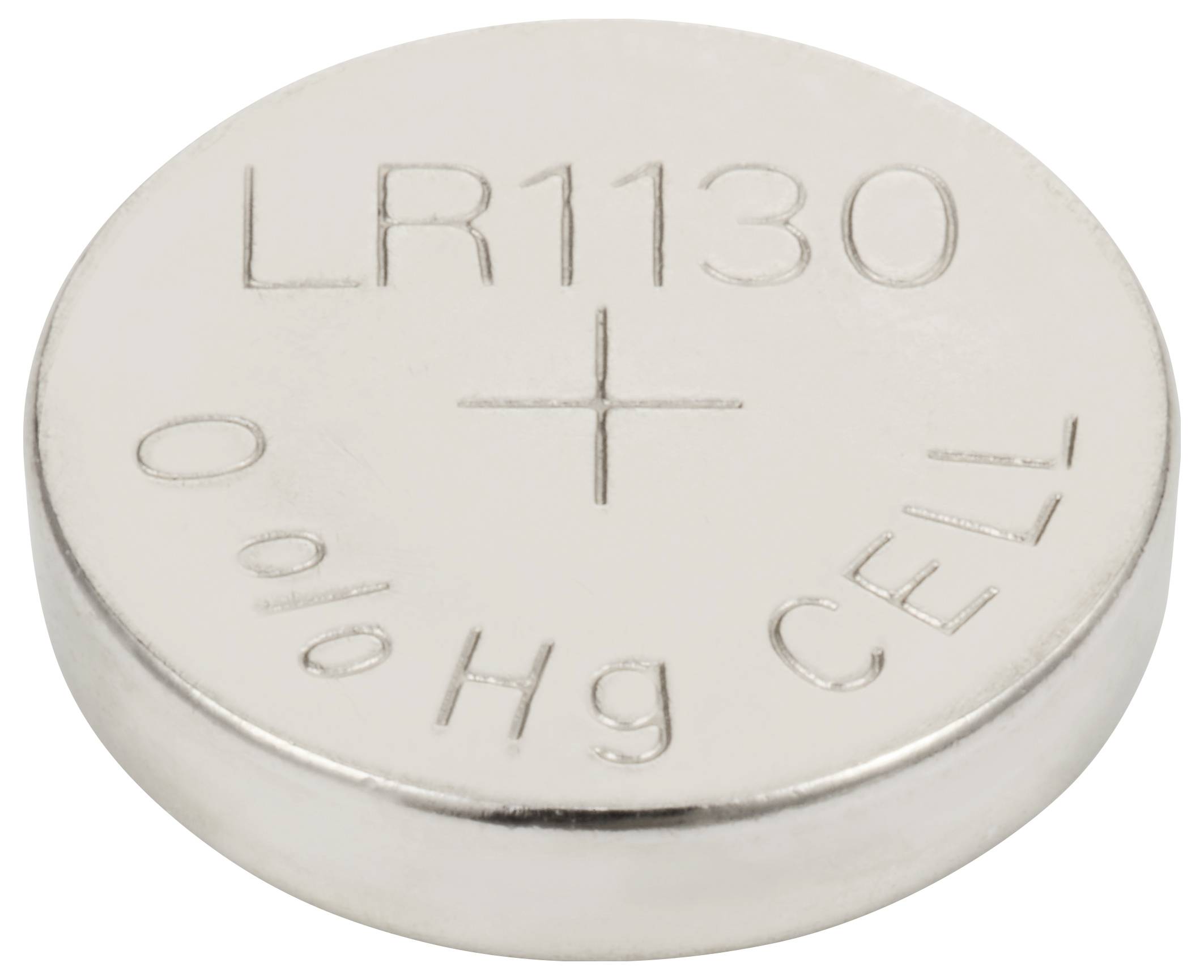Ronde knoopcelbatterij met de opdruk 'LR1130' en '+' alsook '0% Hg CEL', zilverachtig glanzend. Deze wordt vaak gebruikt in kleine elektronische apparaten.