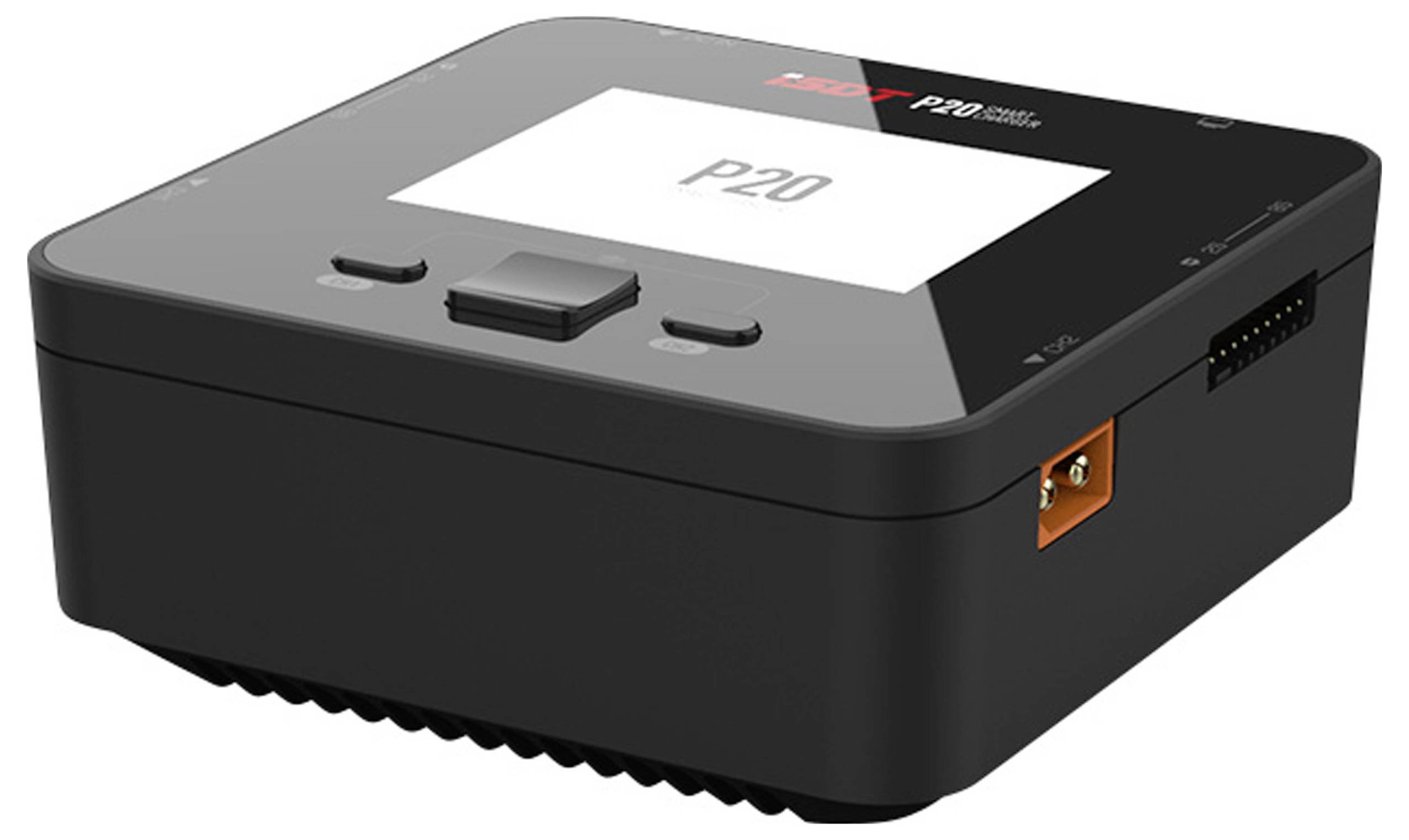 Zwart elektronisch apparaat met scherm dat 'P20' weergeeft. Knoppen en aansluitingen aan de zijkanten zichtbaar.
