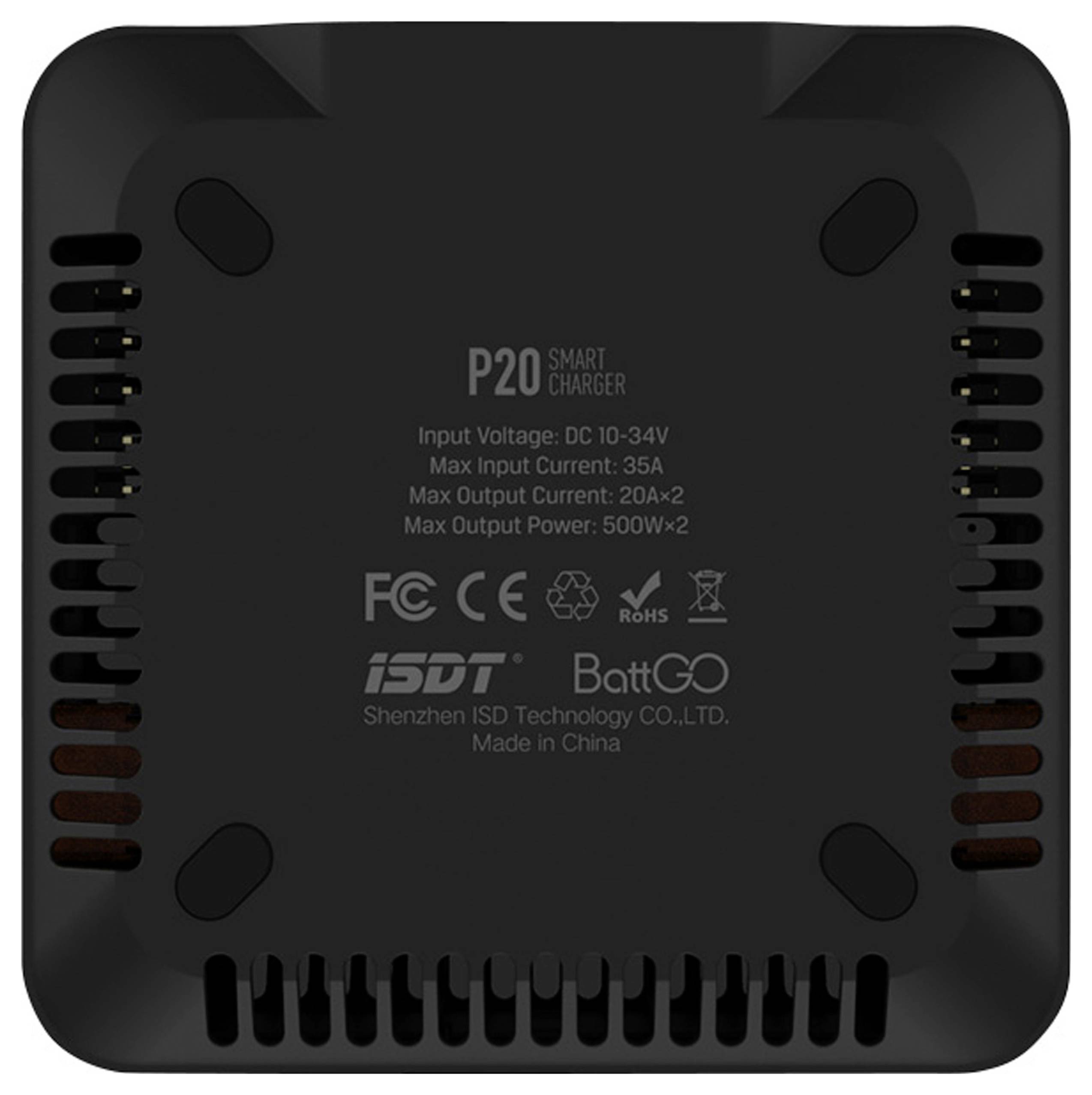 Zwart laadapparaat, model 'P20 Smart Charger', met technische specificaties: Invoer 10-34V, Max. stroom 35A, Max. vermogen 500W.