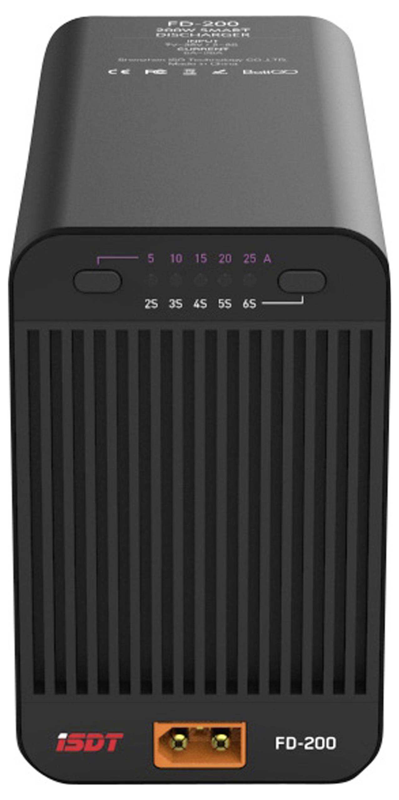 Een zwarte oplader van het model 'FD-200' van ISDT, met LED-indicatoren voor laadspanning en stroomsterkte.