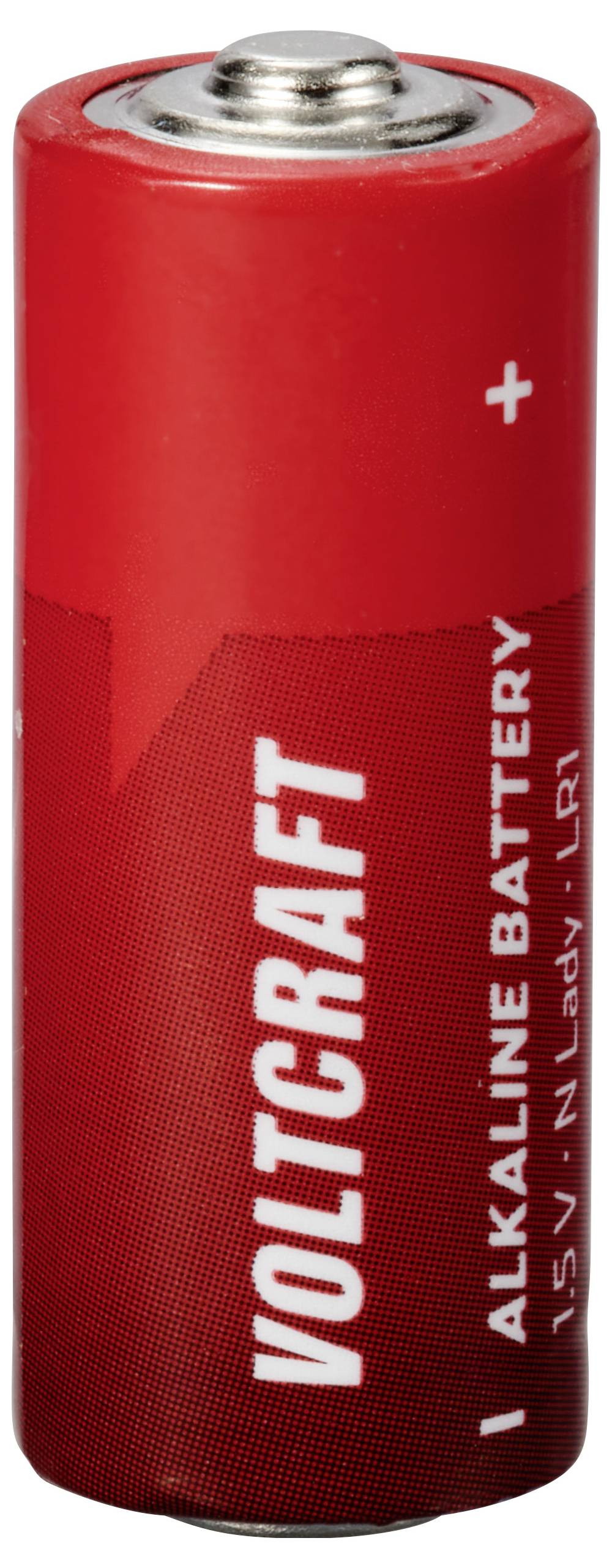 Rode Alkaline-batterij 'VOLTCRAFT', Type N Lady LR1, 1,5 V, met plus- en minuspolen duidelijk zichtbaar.