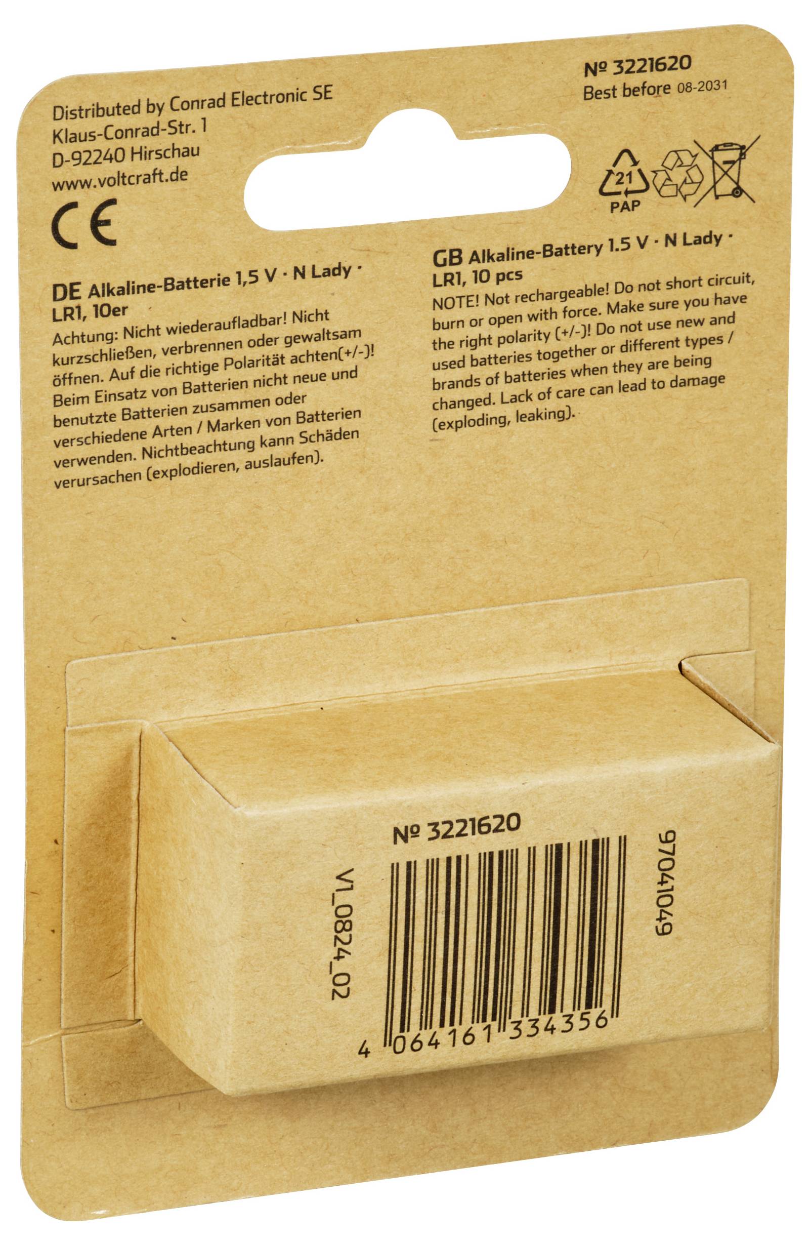 Packaging of a Voltcraft Alkaline Battery, Type LR1, 1.5 V, with expiration date 08/2031. Warning notices and barcode are depicted.