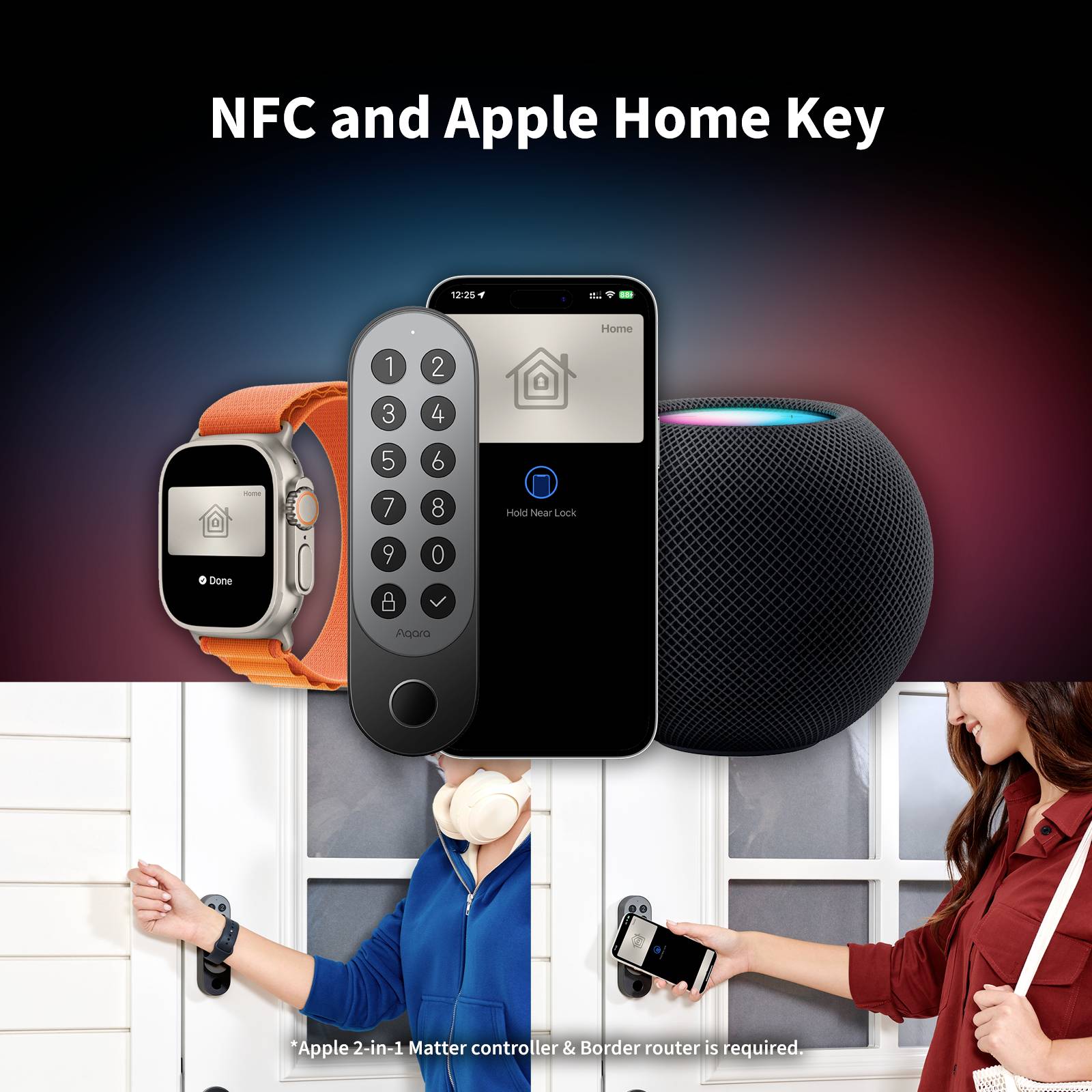 'NFC en Apple Home Key'-beeld toont Apple-apparaten zoals een horloge, een iPhone, een toetsenbord en een HomePod, die via NFC gekoppeld worden. Mensen gebruiken Smart Home-functies.