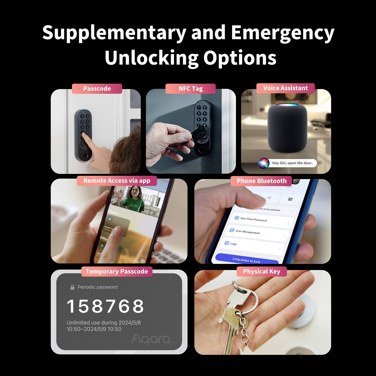 Afbeelding toont verschillende opties voor deurontgrendeling: Pincode, NFC-tag, spraakassistent, app-toegang, Bluetooth, tijdelijk wachtwoord, sleutel.
