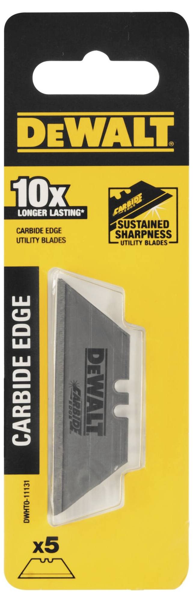 Verpakking met vijf DeWalt-vervangingsmessen, 'Carbide Edge', voor utiliteitsmessen. Belooft tien keer langere levensduur en aanhoudende scherpte.