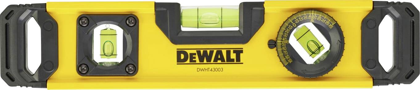Waterpas van bovenaf gezien, geel met zwarte handgreep en 'DEWALT'-logo in het midden, voorzien van twee libellen voor het waterpas stellen.