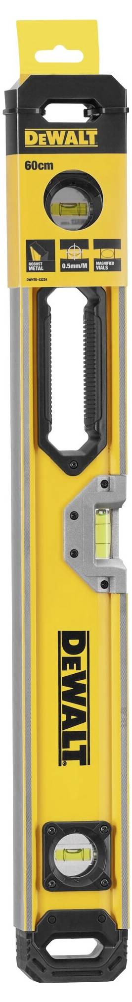 Waterpas van DeWalt met een geel behuizing en twee geïntegreerde libellen voor nauwkeurige meting van horizontale en verticale standen.