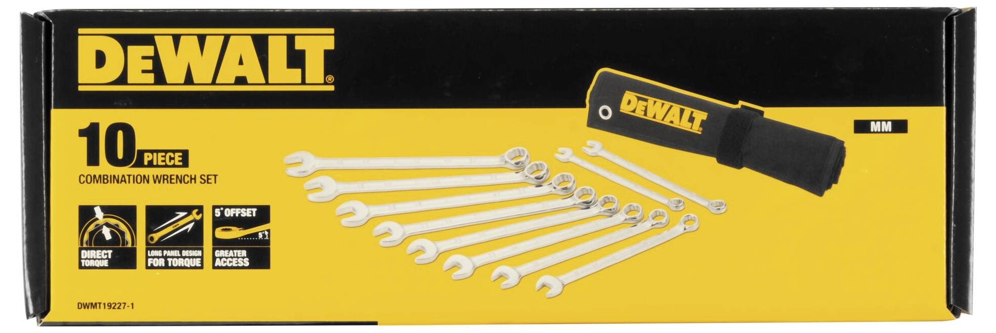 'DEWALT 10-delige steeksleutelset, verchroomd, in oproltas. Bevat maten van 8 tot 19 mm met 15°-kop voor betere grip.'