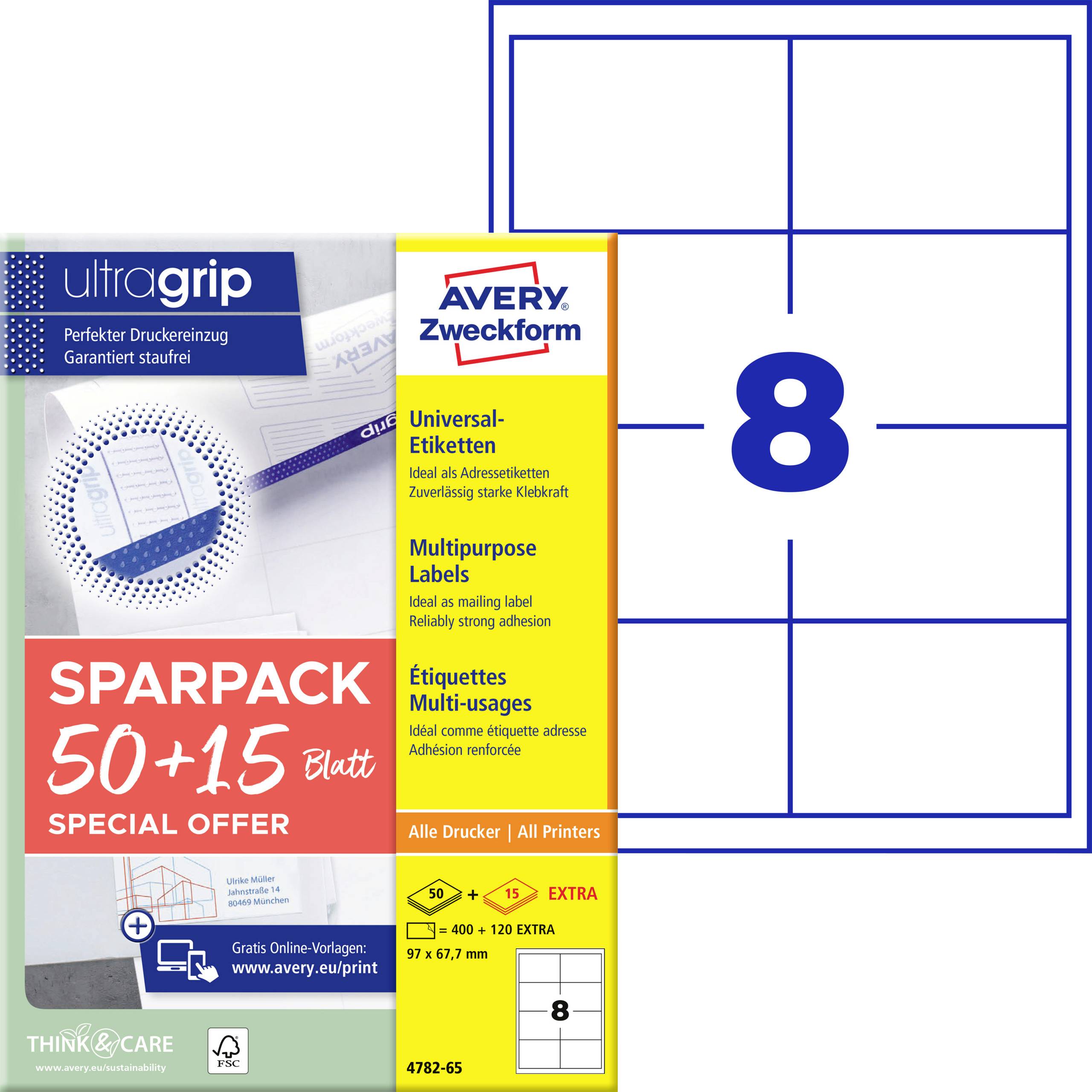 Avery-Zweckform 4782-65 Universele etiketten 97 x 67.7 mm Papier Wit 65 vellen Permanent hechtend Inkjet, Laser (zwart/wit), Laser (kleur), Kopiëren