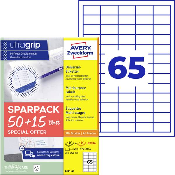 Avery-Zweckform 6121-65 Universele etiketten 38 x 21.2 mm Papier Wit 65 vellen Permanent hechtend Inkjet, Laser (zwart/wit), Laser (kleur), Kopiëren (zwart/wit), Kopiëren (kleur), Handschriften
