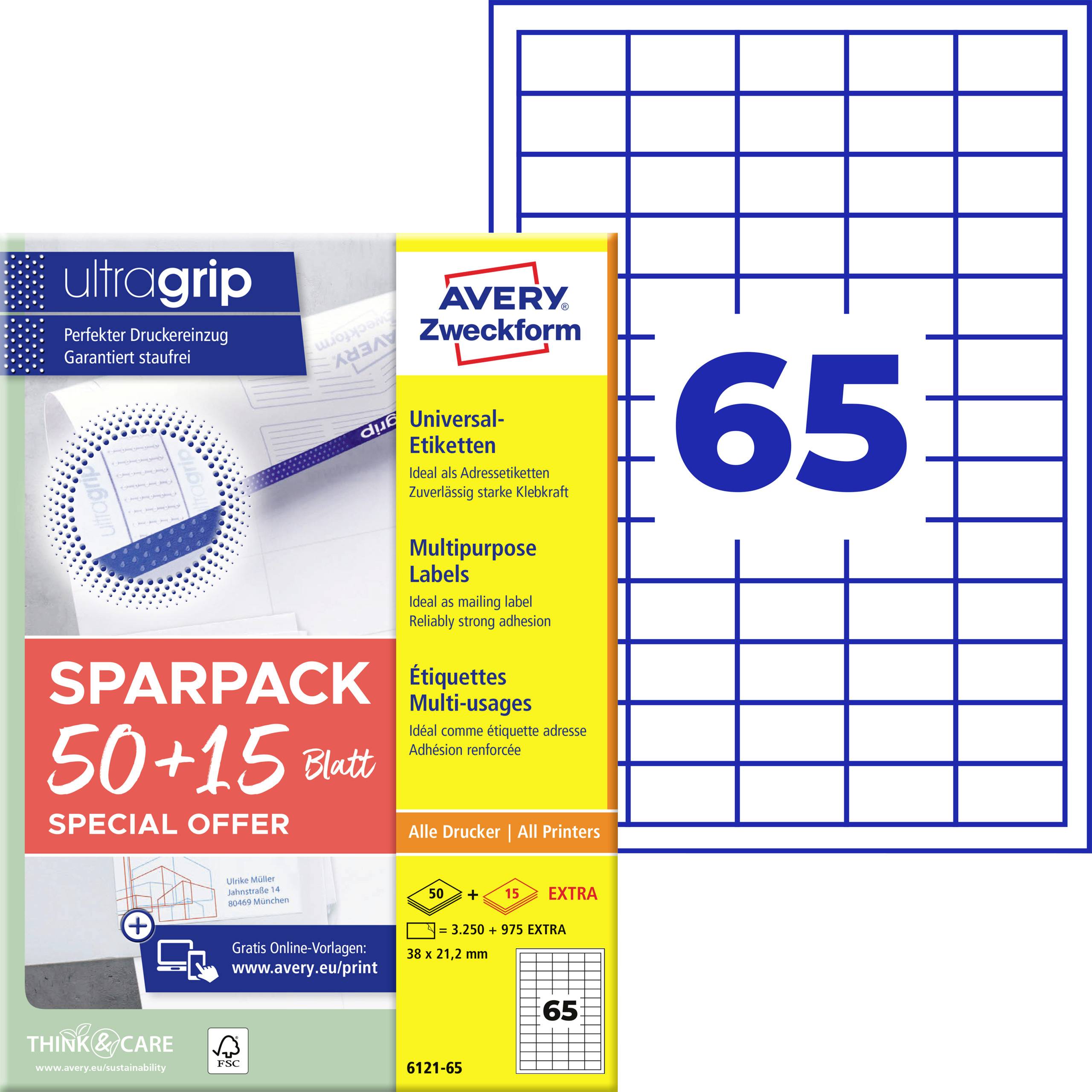 Avery Zweckform UltraGrip multifunctionele etiketten, 65 per vel, met voorbeeldetiketrooster en producterverpakking getoond voor alle printers.