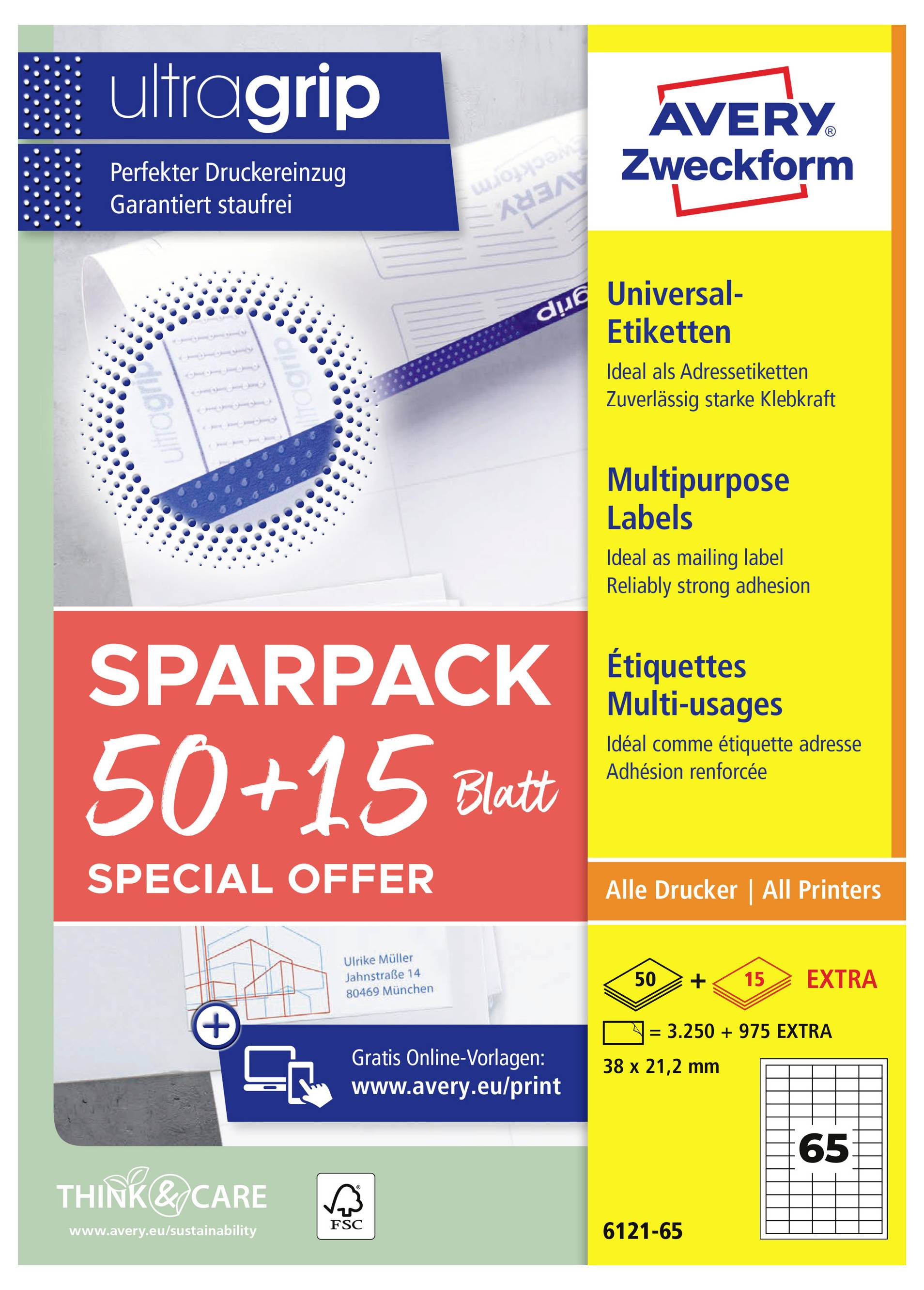 Avery Zweckform etiketpakket advertentie: 'ultragrip' sparpakket, 50 + 15 vellen speciale aanbieding, universele/multifunctionele etiketten, alle printers.