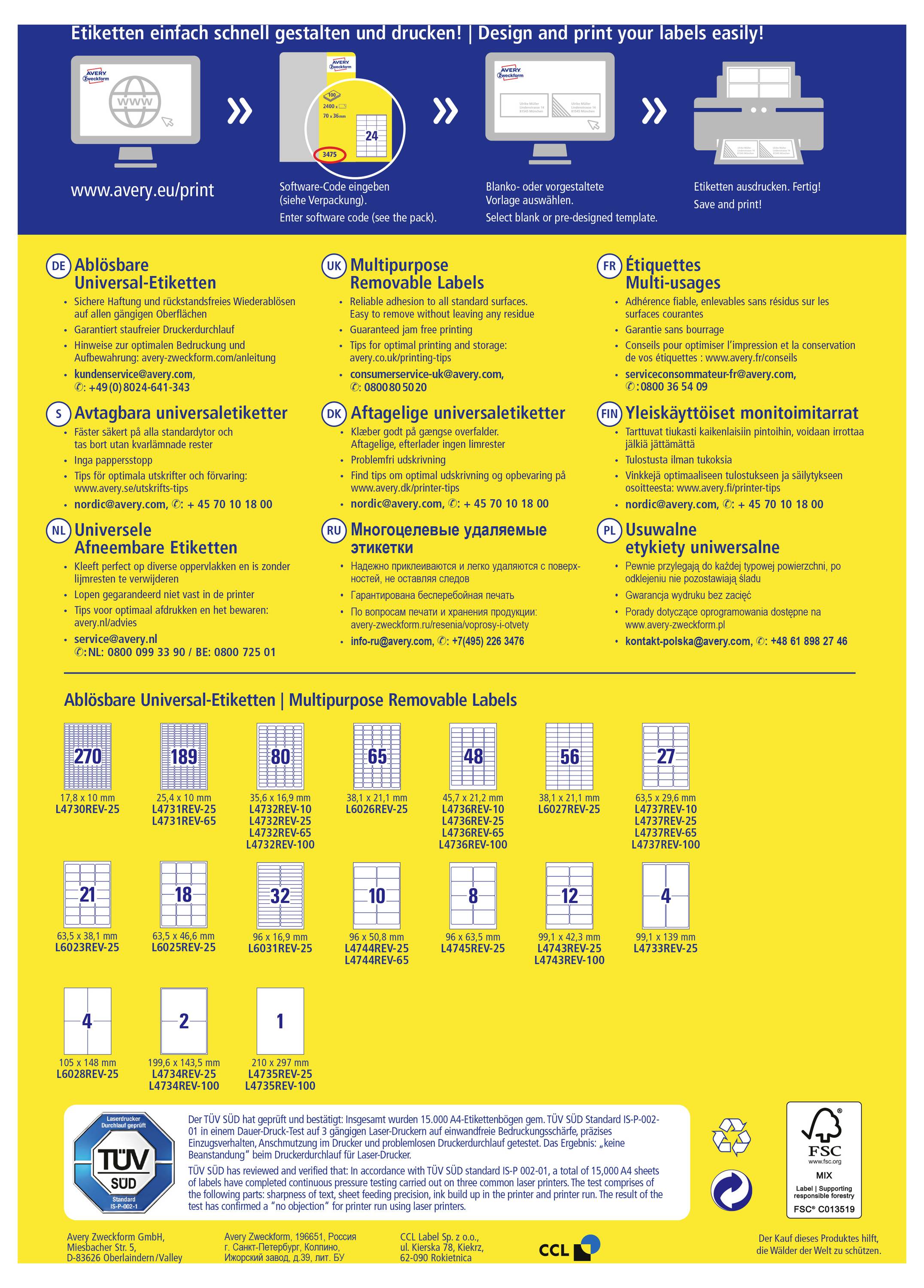 # Gele productfiche voor Avery universele etiketten, waarin wordt getoond hoe u etiketten kunt ontwerpen, afdrukken en aanbrengen, met etiketformaten, meertalige functies en certificeringslogo's.