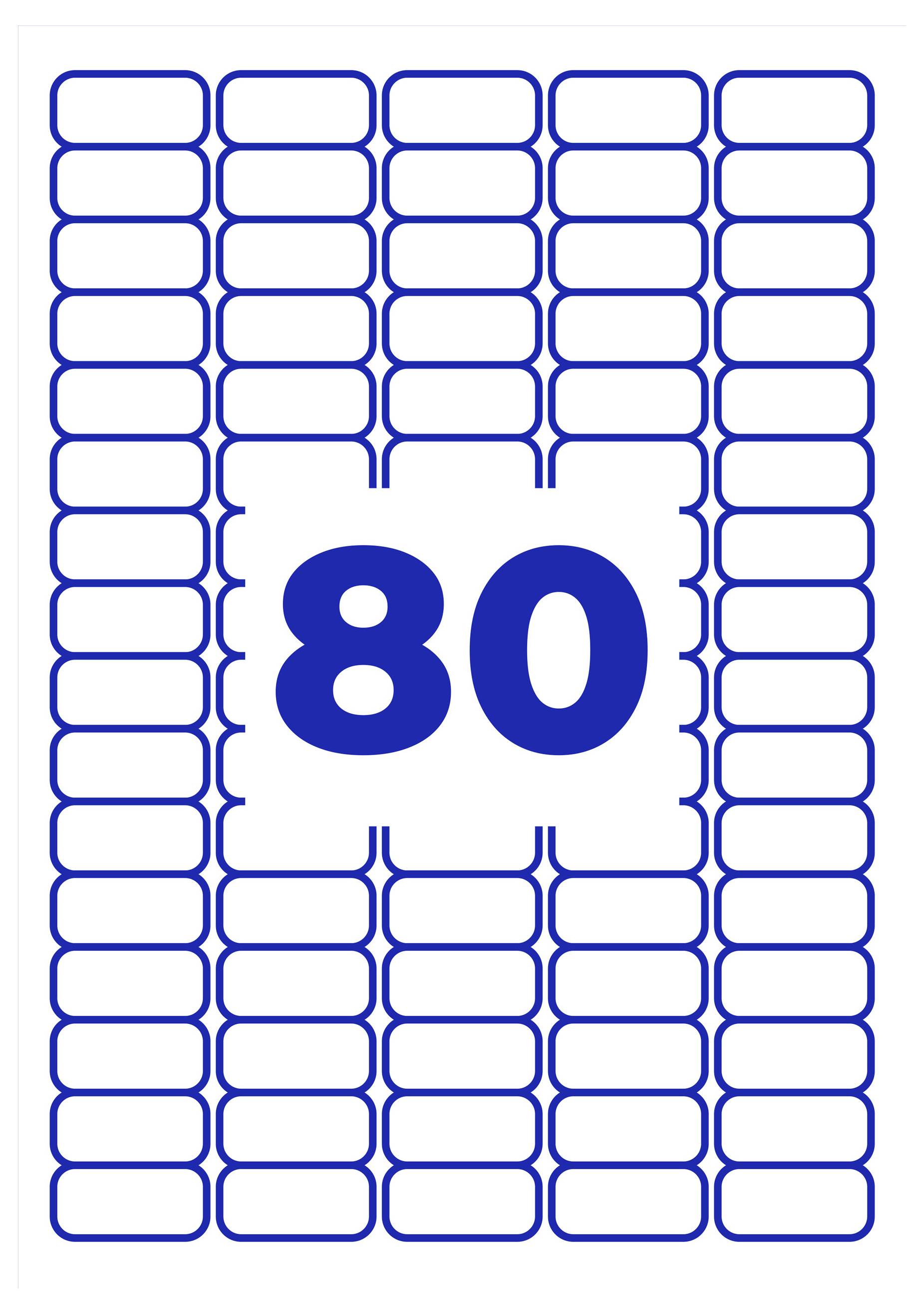 Groot blauw getal '80' in het midden, omgeven door een raster van veel lege, afgeronde rechthoeken op witte achtergrond.