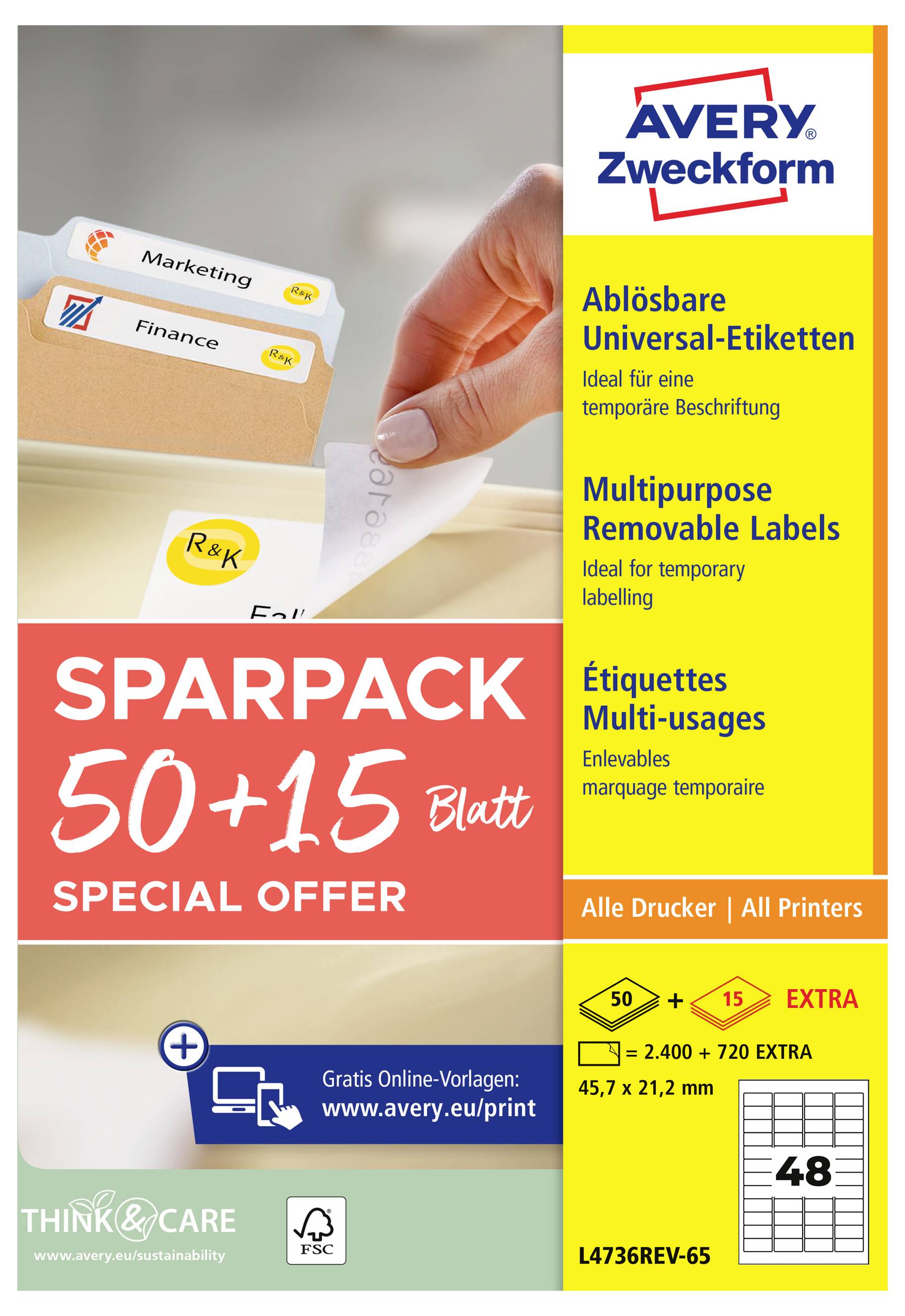 Avery Zweckform verwijderbare etiketten speciale aanbieding, 50+15 vel, voor tijdelijke etikettering en alle printers.