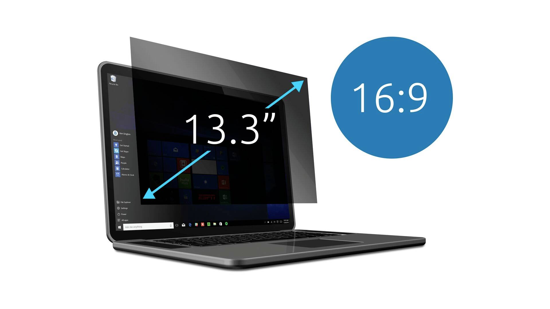 Een laptop met een 13,3-inch scherm in een beeldverhouding van 16:9 wordt weergegeven.