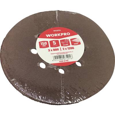 Slijpschijf met rood etiket, opschrift 'WORKPRO'. Afmeting: 150 mm. Bevat 5 stuks, korrelgrootte 3x80G, 2x120G, geschikt voor hout.