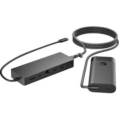 USB-C-dockingstation met meerdere poorten: HDMI, USB-A, Ethernet. Aangesloten op voeding, praktische oplossing voor laptopverbindingen.