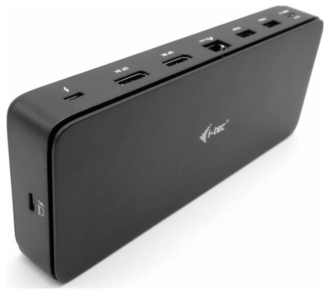 Zwarte dockingstation met verschillende aansluitingen, waaronder HDMI, USB en audio. Merk i-Tec op de voorkant.