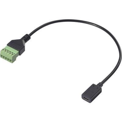 'Een USB-C-adapterkabel met een groene aansluitklem en een zwarte USB-C-stekker aan de andere kant, geschikt voor elektronische verbindingen.'