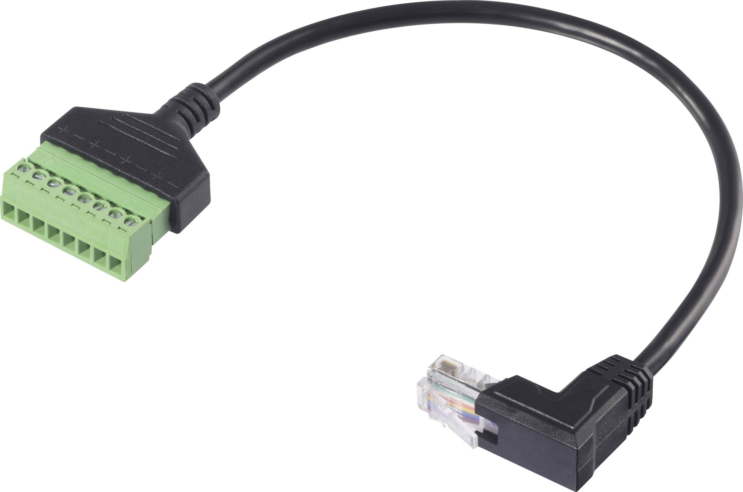 Een zwarte kabel verbindt een groene aansluitblok met een Ethernet-RJ45-stekker.