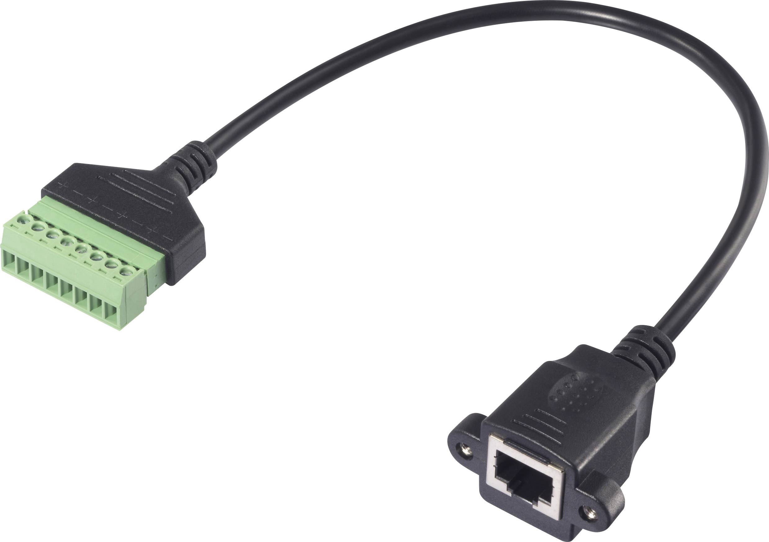 Een zwarte kabel met een groene, multipolaire stekker aan de linkerkant en een RJ45-aansluiting aan de rechterkant, voor het verbinden van apparaten.