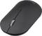 Een zwarte, draadloze computermuis met een eenvoudig ontwerp en een scrollwiel.