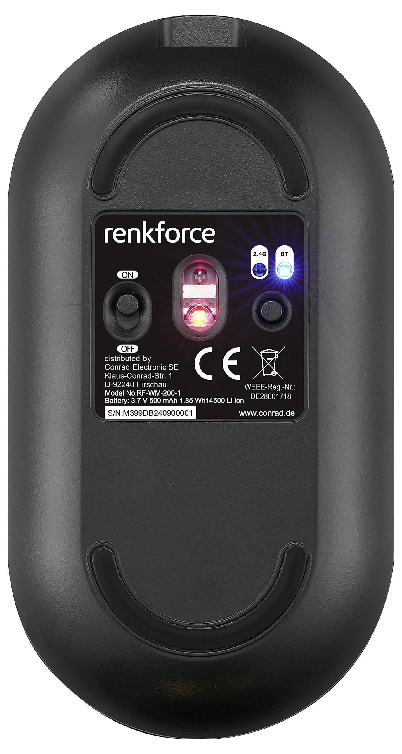 Een zwarte draadloze computermuis van Renkforce, toont de onderkant met rood sensorlicht en blauwe Bluetooth- en batterij-indicatoren.