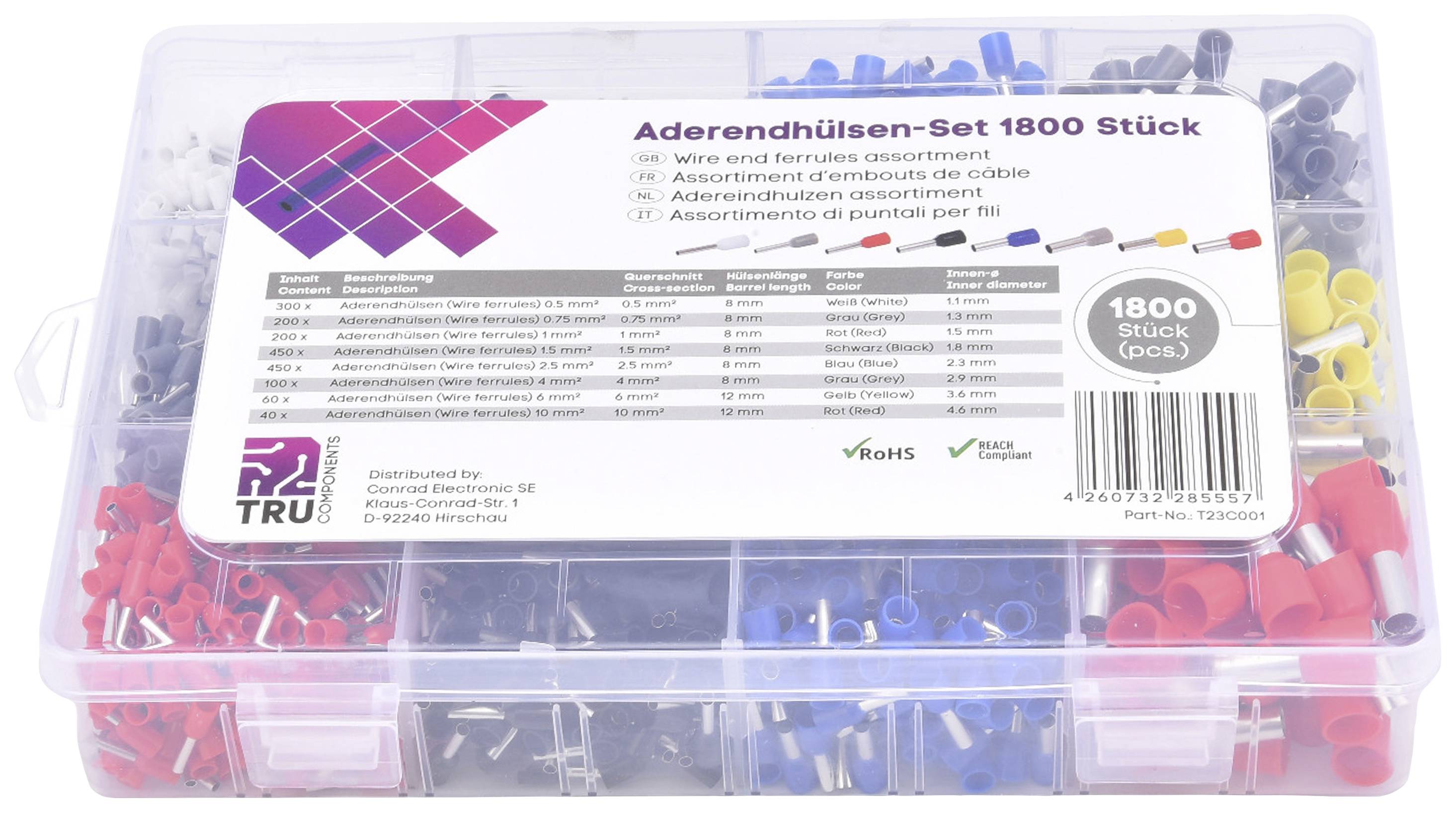 'Adereindhulzen-set 1800 stuks' toont een doos met verschillende gekleurde kabelschoenen. Bevat tabellen en informatie over de productspecificaties.