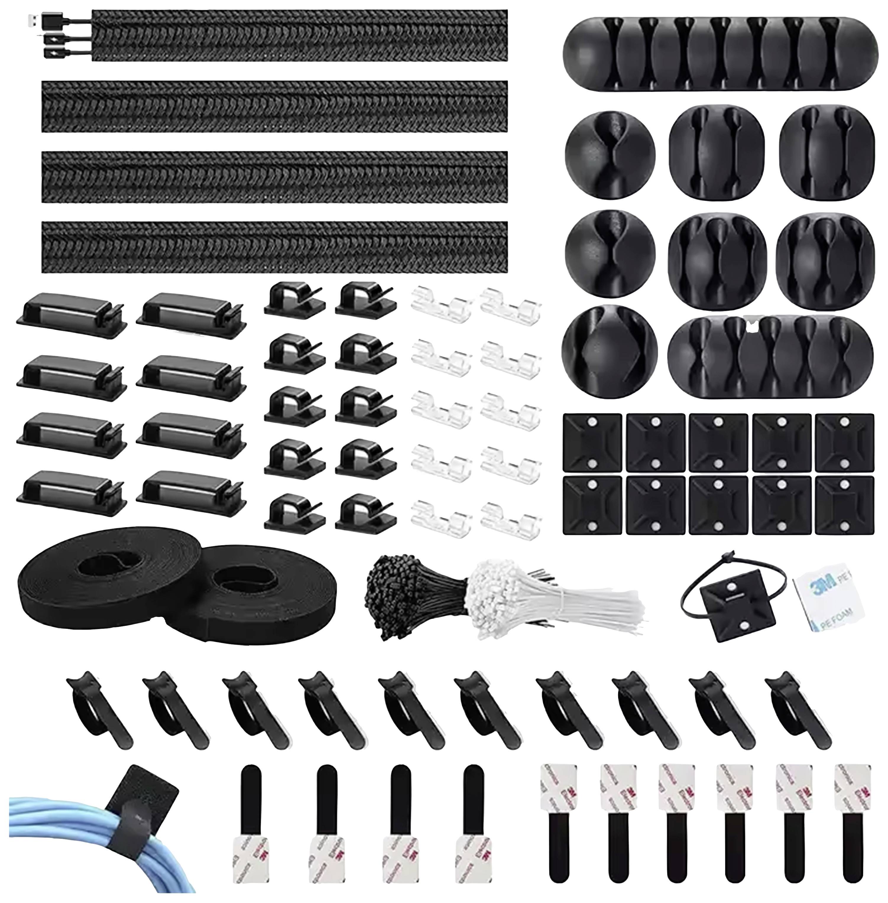 Kabelbeheersset met kabelbinders, klittenband, clips en houders voor het organiseren van kabels.