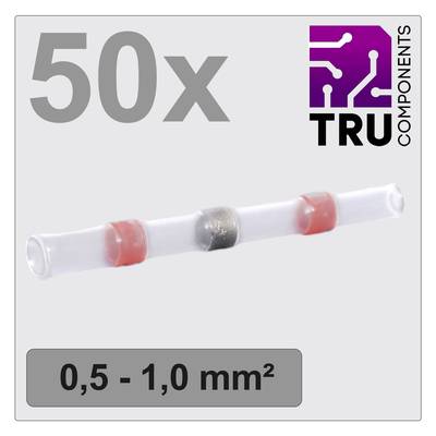 50 stuks krimpverbinders van TRU Components voor kabeldoorsneden van 0,5 tot 1,0 mm², afgebeeld met rode en zilveren ringen.