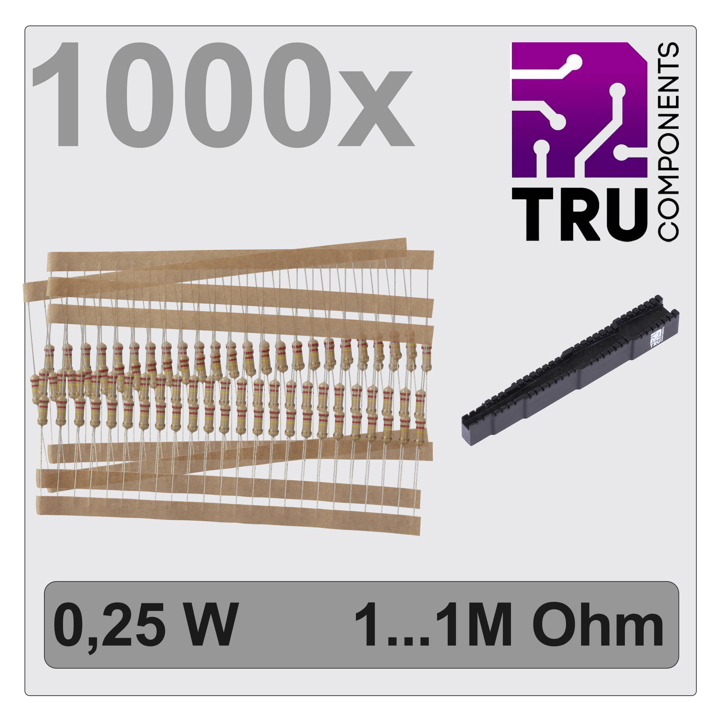 Set met 1000 koollaagweerstanden van 0,25 W, weerstandswaarden tussen 1 en 1 M Ohm. Merk: TRU COMPONENTS.