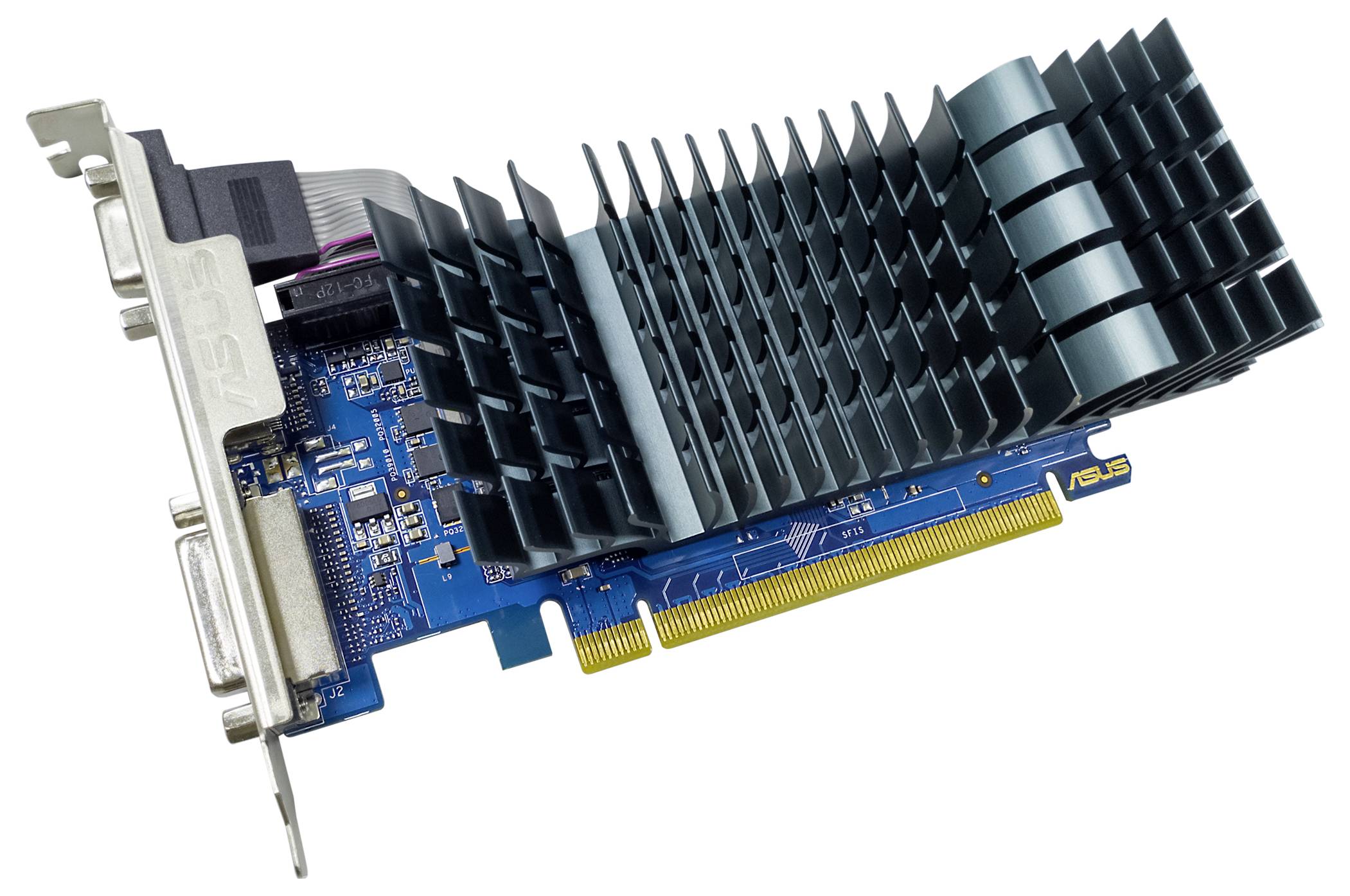 Een grafische kaart met een blauwe printplaat en een grote passieve koelbehuizing, geschikt voor computers met een PCIe-sleuf.