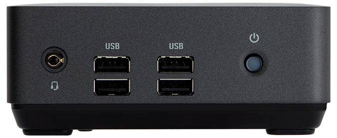 Een zwart elektronisch apparaat met vier USB-poorten, een koptelefoonaansluiting en een netschakelaar aan de voorkant.