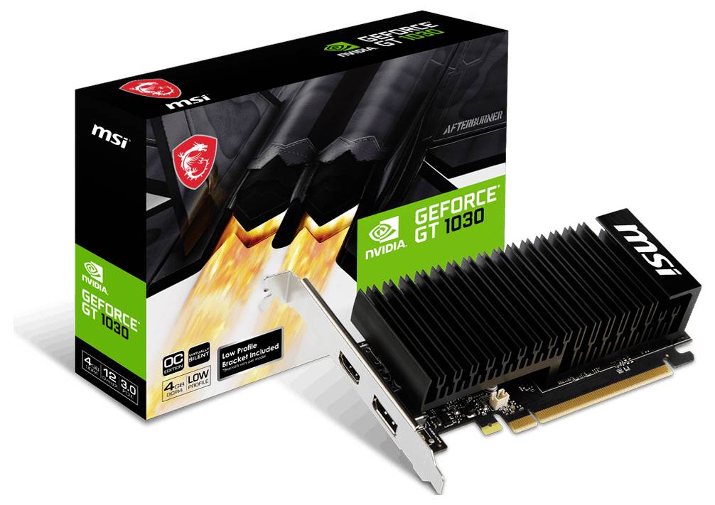 MSI GeForce GT 1030 grafische kaart met verpakking, toont koelribben en twee aansluitingen. Verpakking met 'GeForce GT 1030' opdruk.