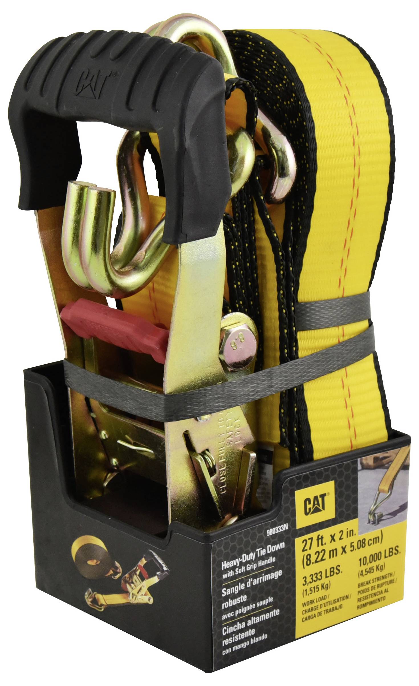 Geel spanbandset met ratel en haken, rechtop in zwarte verpakking. Merknaam 'CAT' zichtbaar.