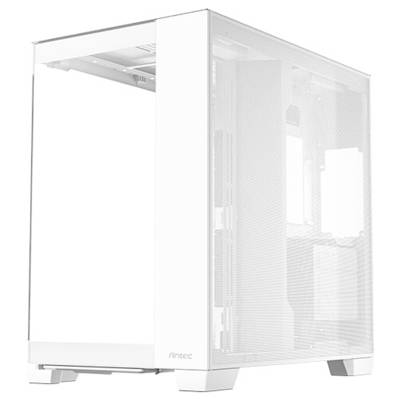 Een wit computerbehuizing met een transparant zijpaneel, ideaal voor het tonen van componenten aan de binnenkant.