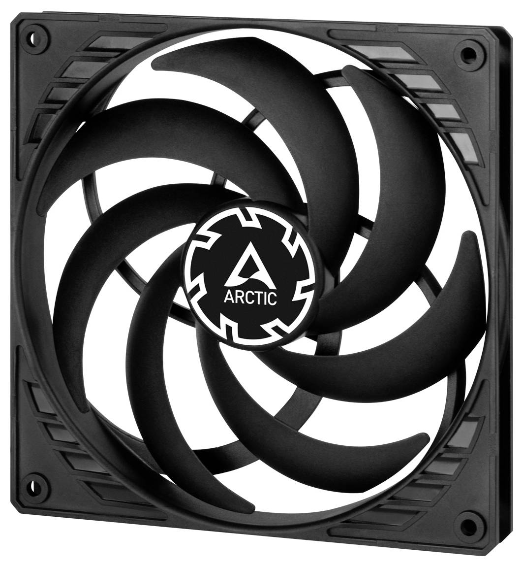 Een zwarte computerventilator van Arctic met negen gebogen rotorbladen in een vierkante behuizing, geschikt voor koelsystemen.