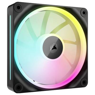 Een verlichte computerventilator met regenboog-LED's, gemonteerd in een vierkant zwart frame, zorgt voor koeling en lichteffecten.