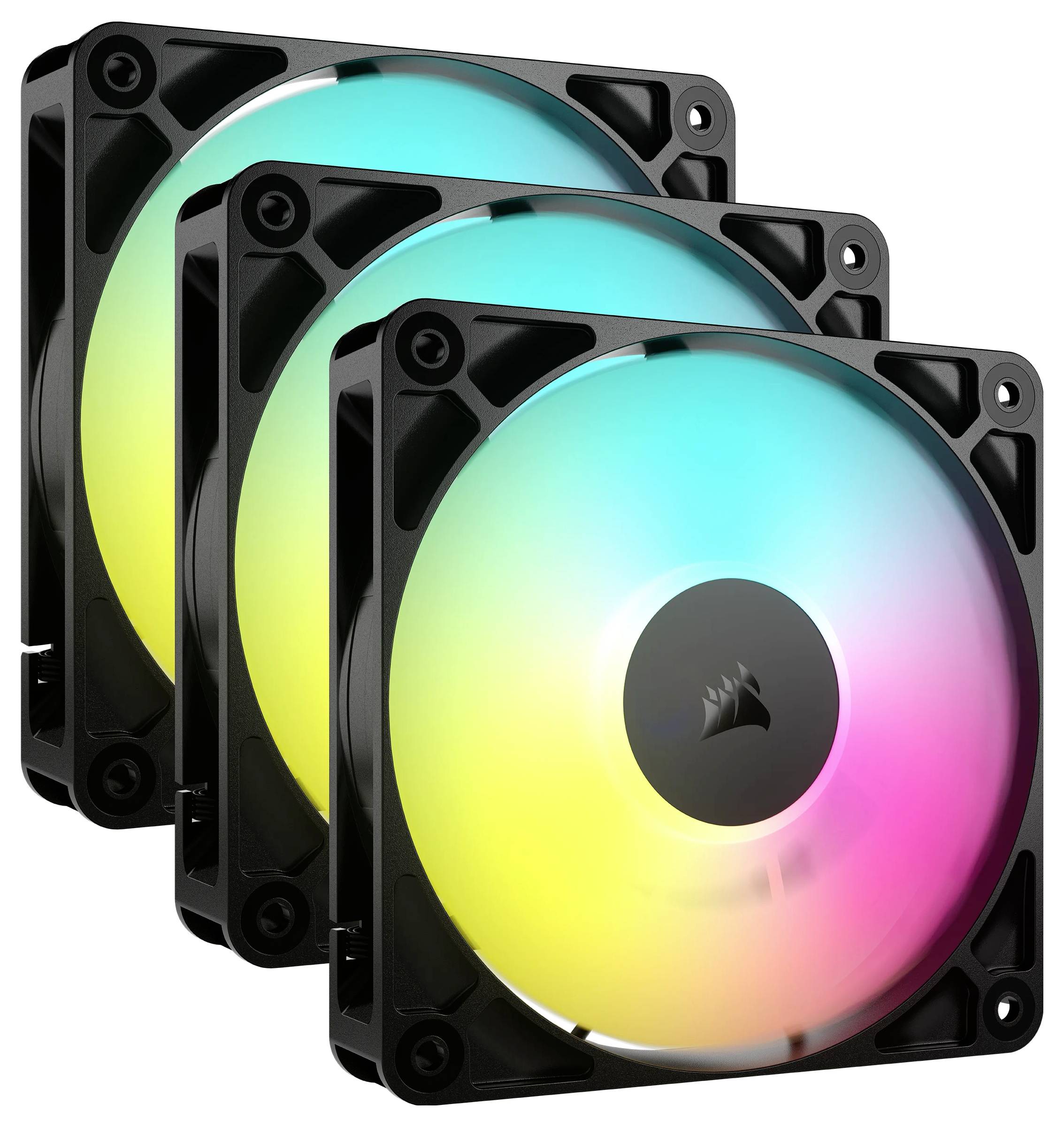 Drie zwarte RGB-ventilatoren met lichtgevende kleuren (geel, groen, roze) in het midden. Ze zijn achter elkaar geplaatst.