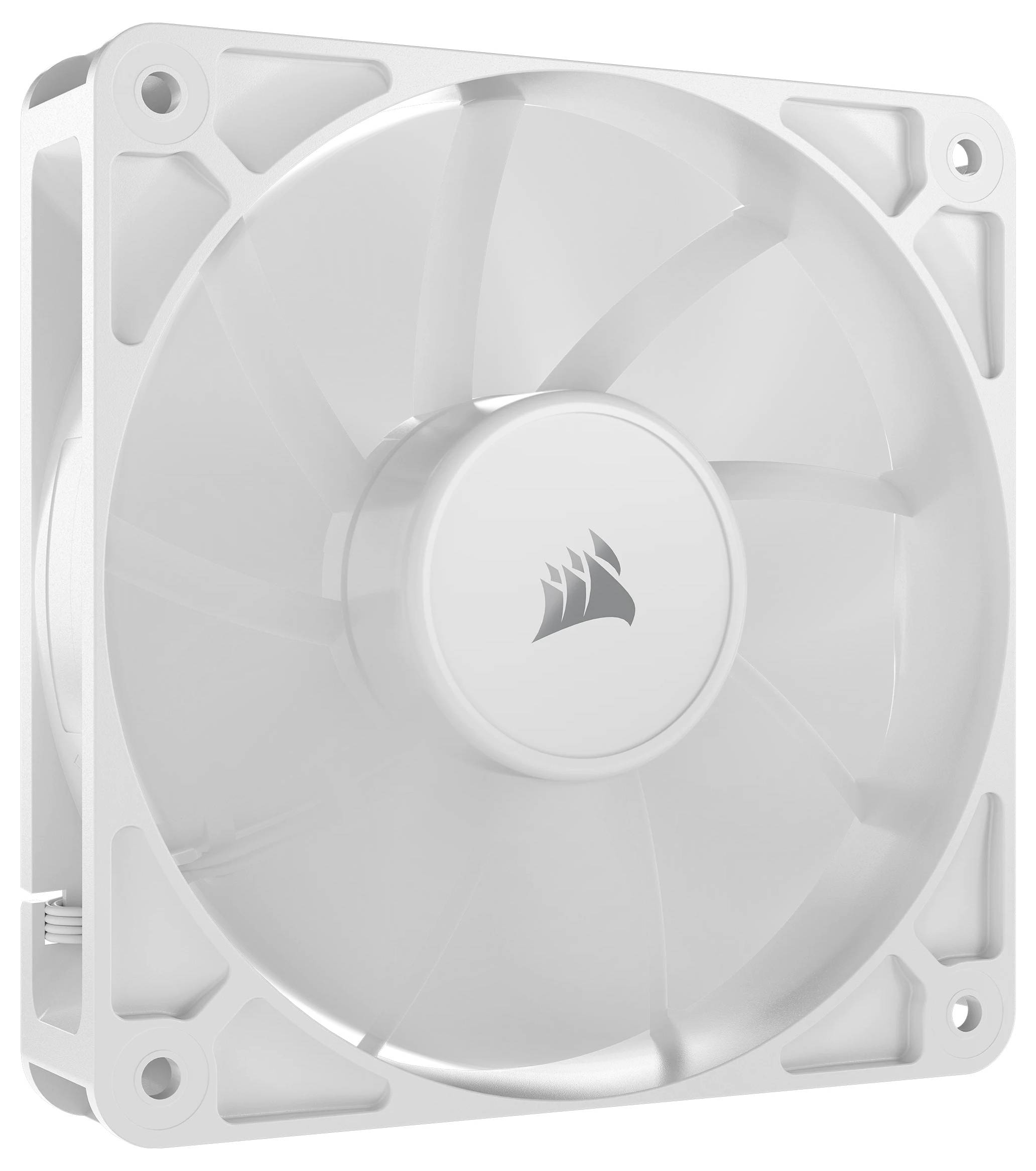 Een witte computer-koelventilator met een gecentreerd logo op de behuizing.