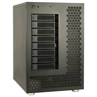 Een zwarte computerserver met meerdere schijfsleuven en een rasternetpatroon aan de zijkant.