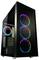 Zwart pc-behuizing met drie verlichte ventilatoren aan de voorkant en één aan de achterkant. De verlichting heeft een regenboogkleur.