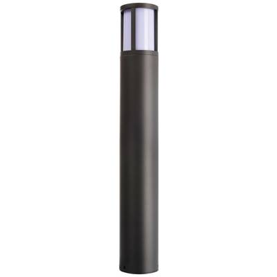 Een cilindrische, hoge buitenlamp met een zwarte behuizing en een bovenste gedeelte van transparant materiaal voor lichtverspreiding.