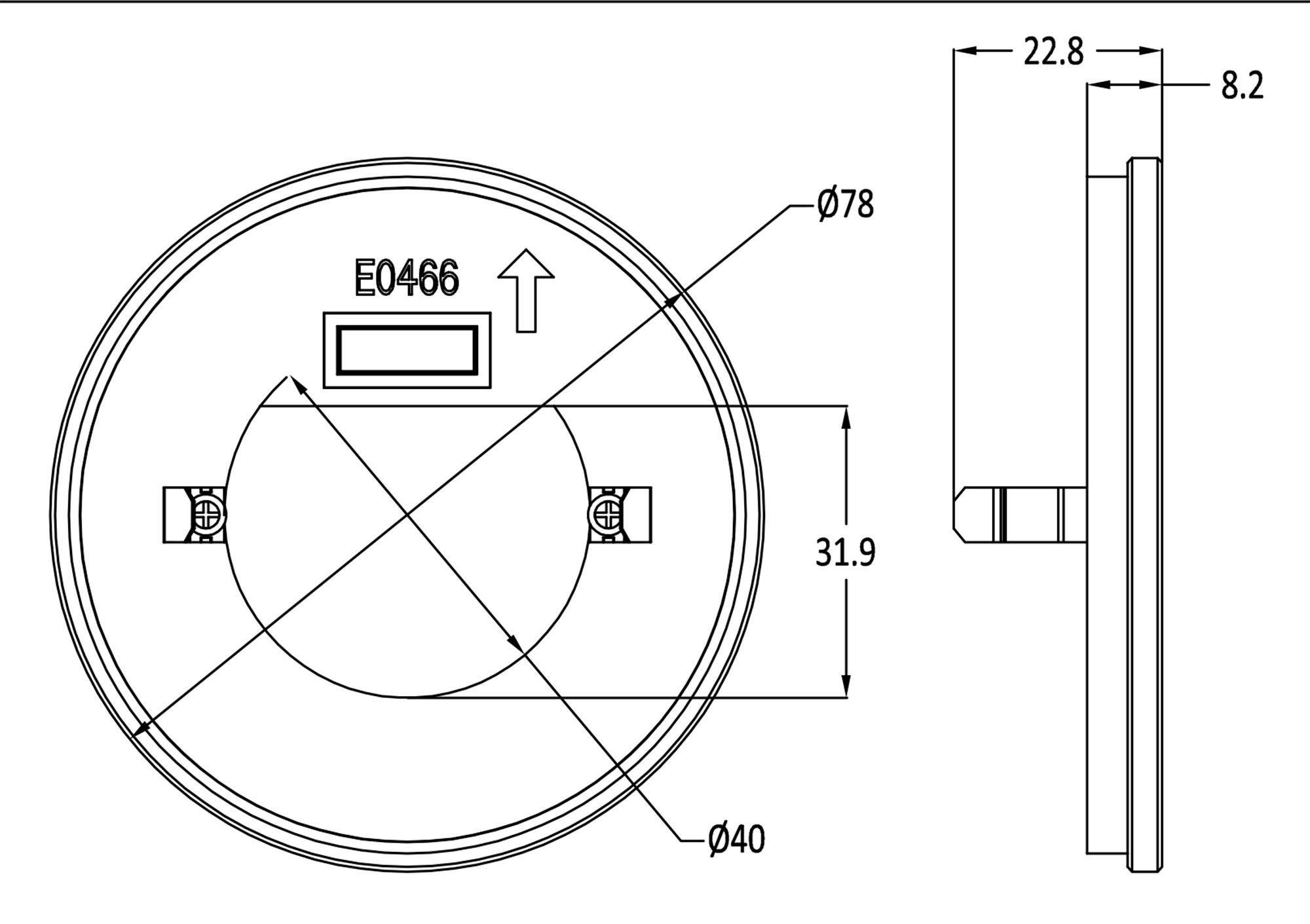 Technische tekening van een rond onderdeel met diameter-aanduidingen: Ø78 bovenaan, Ø40 onderaan, hoogte 22,8 mm. Bovenaan gecentreerd de markering 'E0466'.