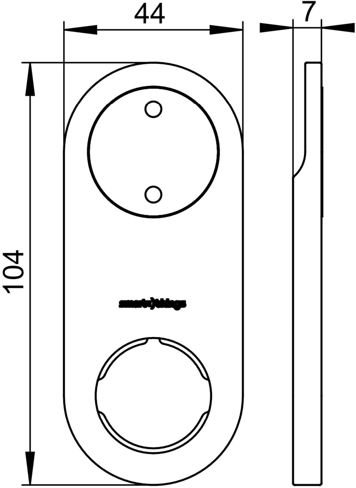 Technische tekening van een rechthoekig apparaat met twee ronde openingen en de afmetingen 104 mm x 44 mm x 7 mm.