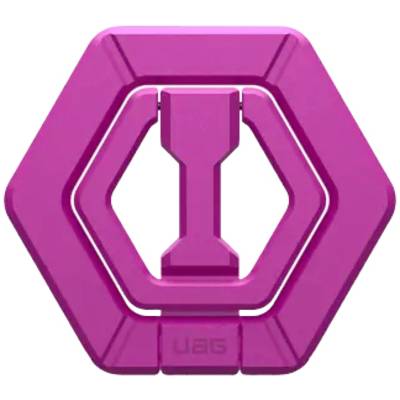 Zeshoekige, roze kunststof vorm met centraal element. Gelijkend op een geometrisch design, mogelijk een gestileerde houder.