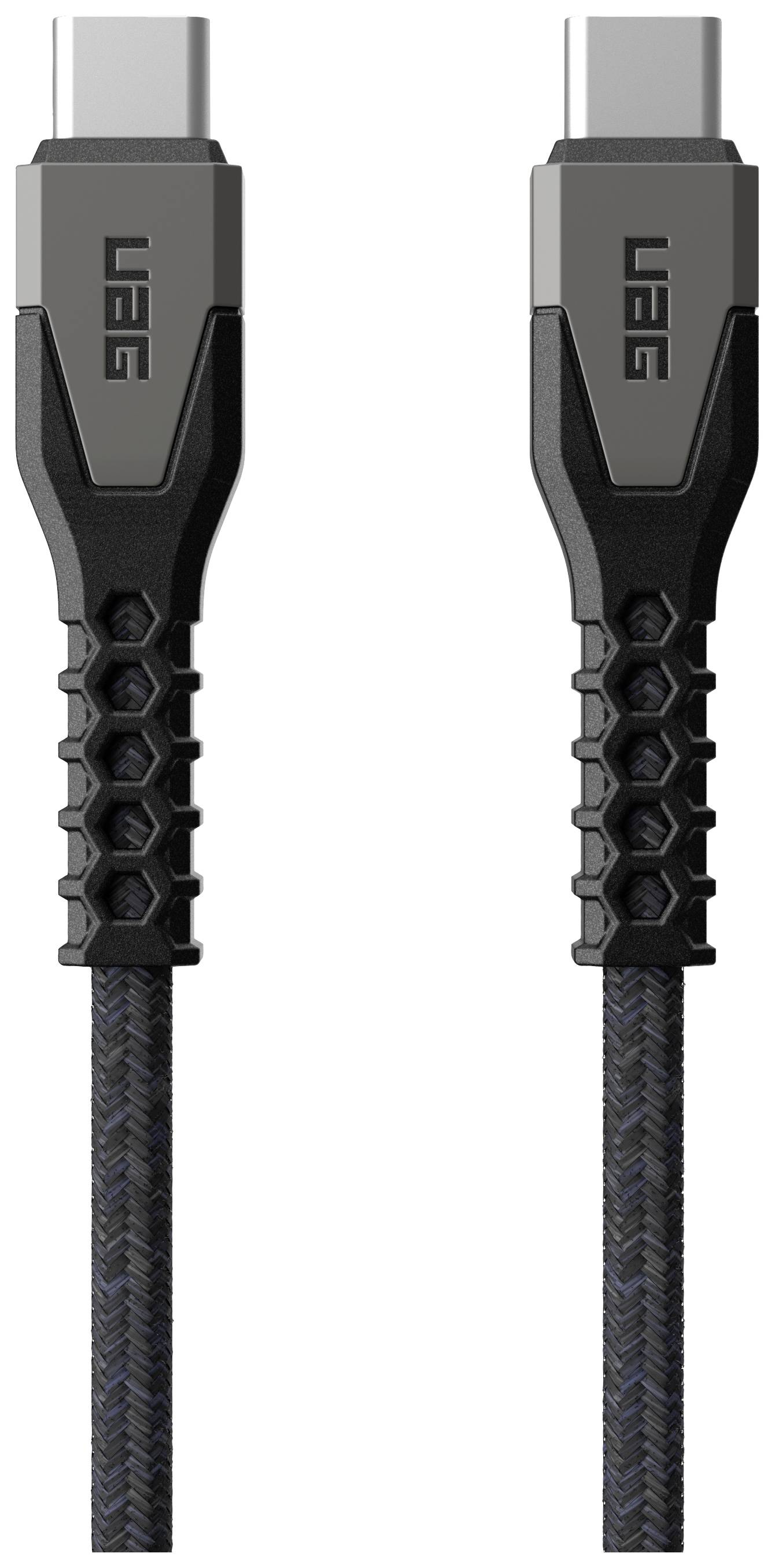 Een robuust, gevlochten USB-C-kabel met versterkte aansluitingen.