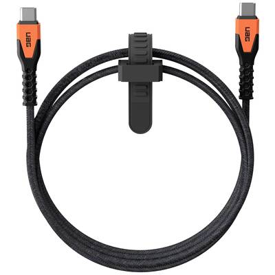 USB-kabel met oranje aansluitingen en zwarte mantel. Klittenband in het midden voor kabelorganisatie.