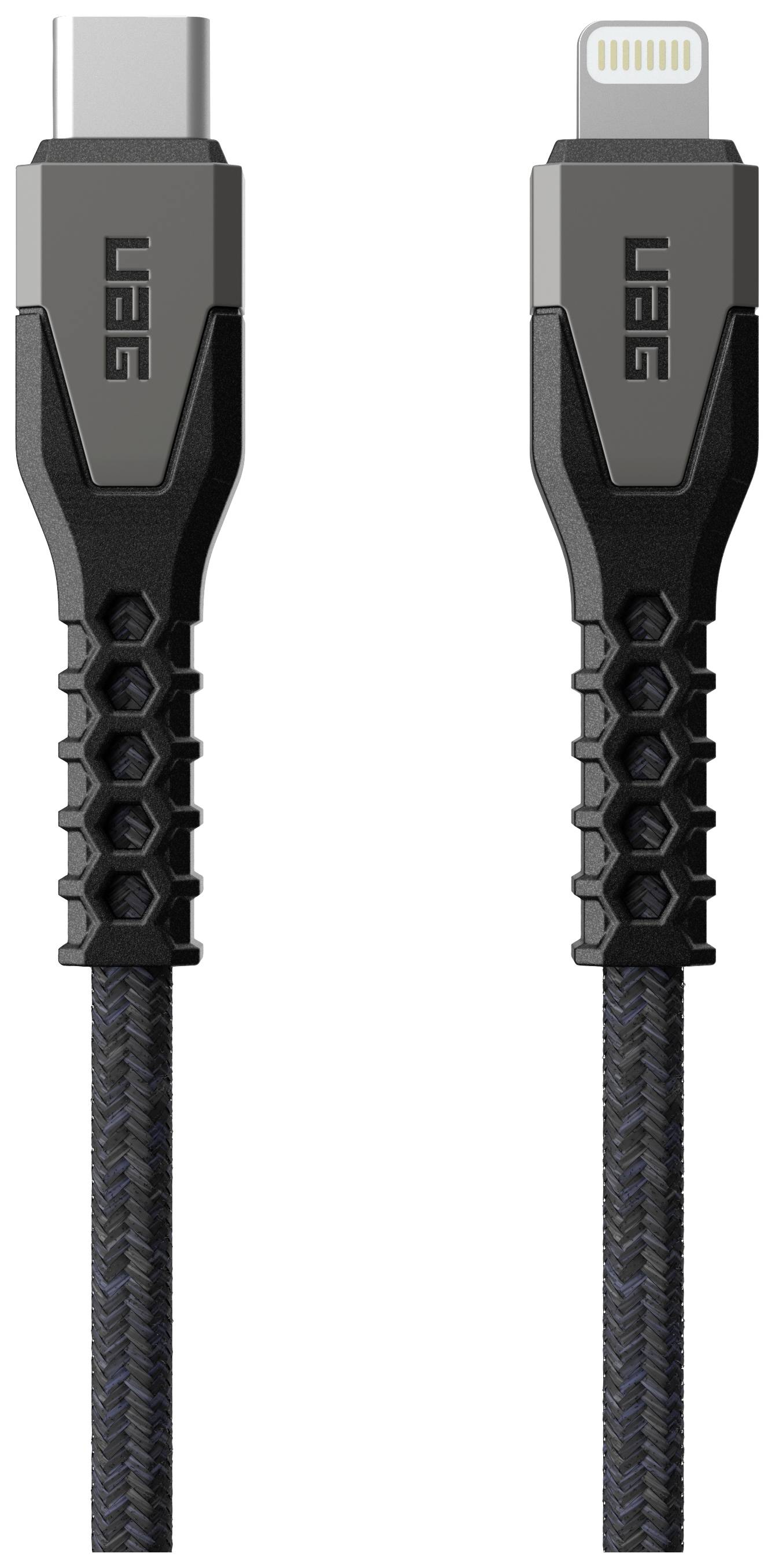 USB-C naar Lightning-kabel met robuust, gevlochten ontwerp, geschikt voor het opladen en synchroniseren van apparaten. Merknaam 'UAG'.